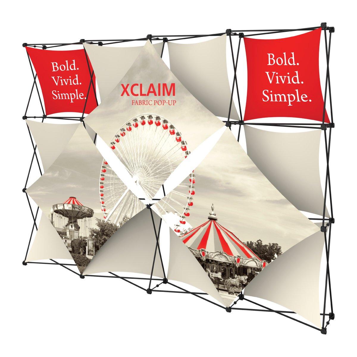 Xclaim fabric pop-up display with carnival graphics and bold text for trade shows and exhibitions