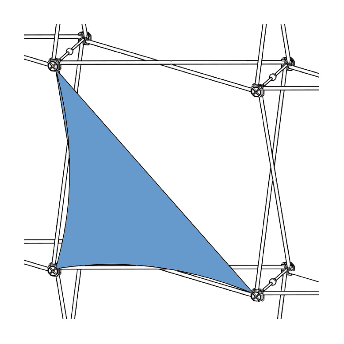 Triangle fabric graphic attached to trade show frame structure, ideal for exhibitions and events