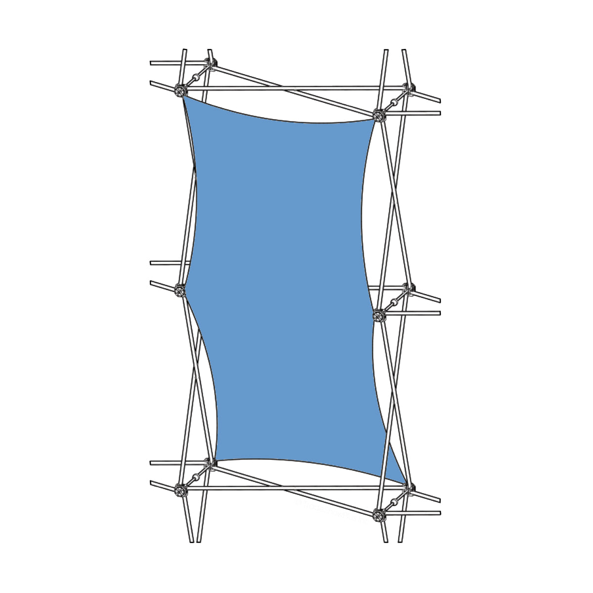 Vertical fabric display with tensioned corners on a metal frame for trade shows and exhibitions