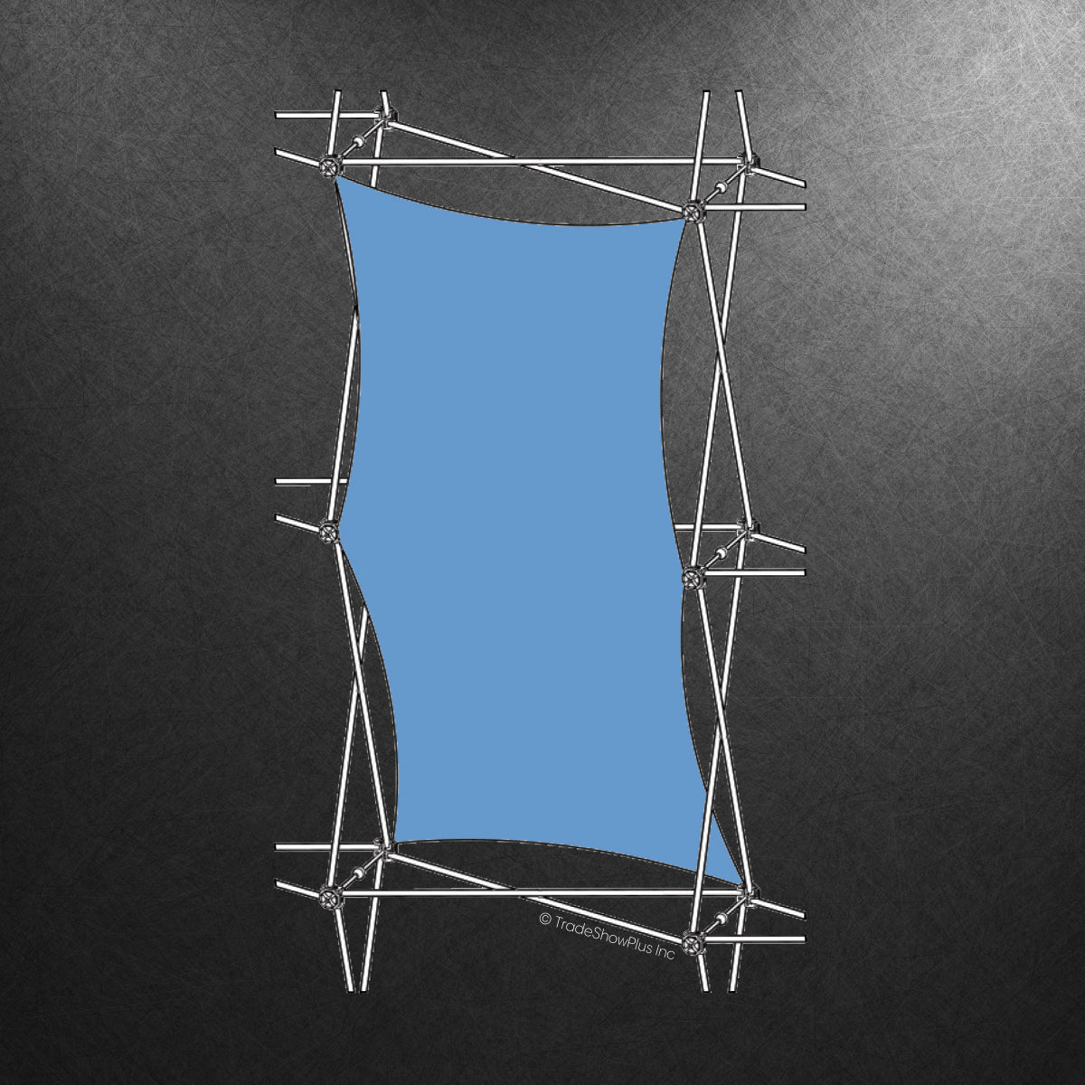Vertical tension fabric graphic on lightweight metal frame for trade show and exhibition displays