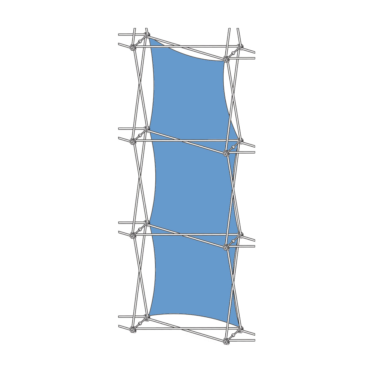 Trade show fabric display with single twisted graphic supported by modular metal frame for exhibitions