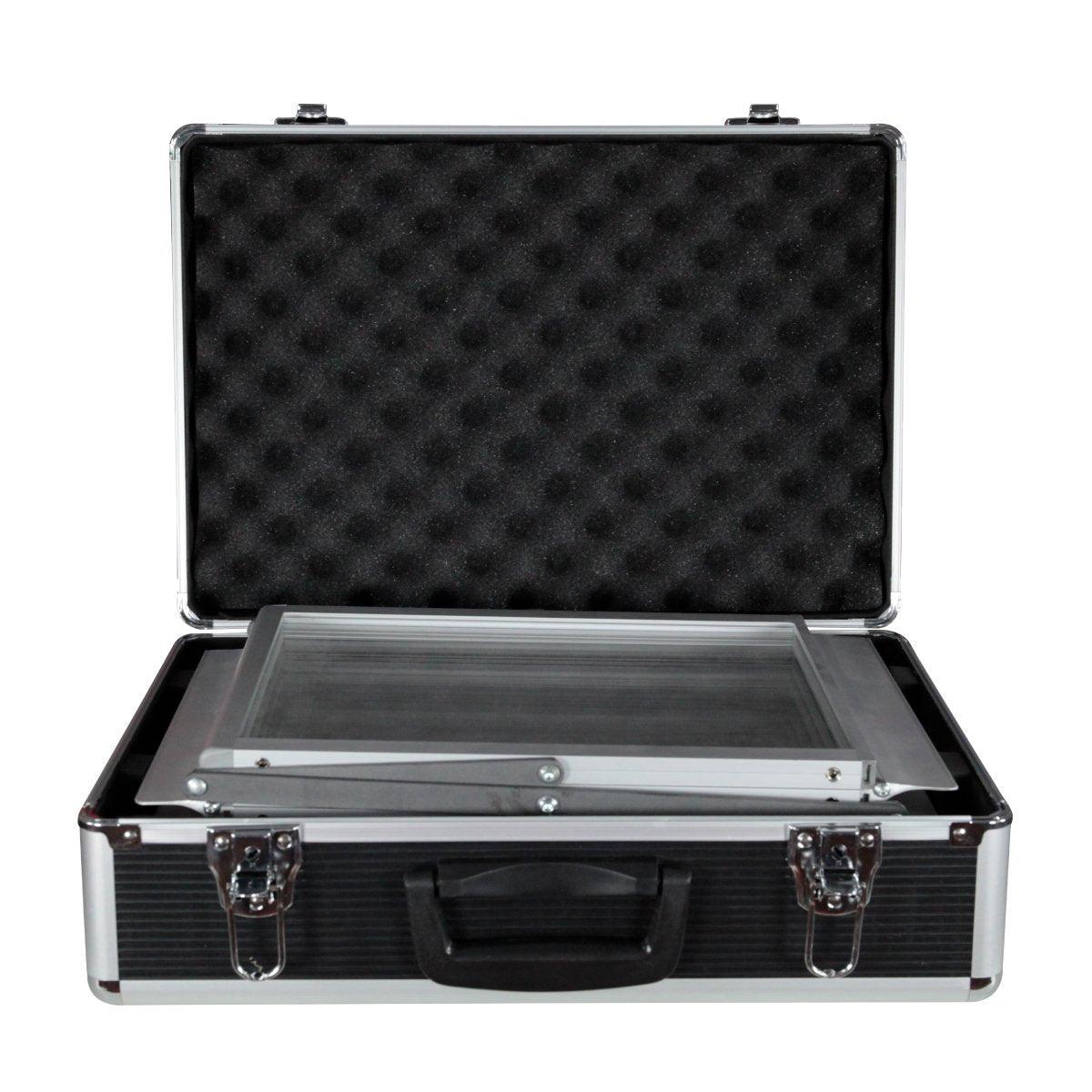 Protective case with foam interior holding a foldable literature rack for trade shows and exhibitions