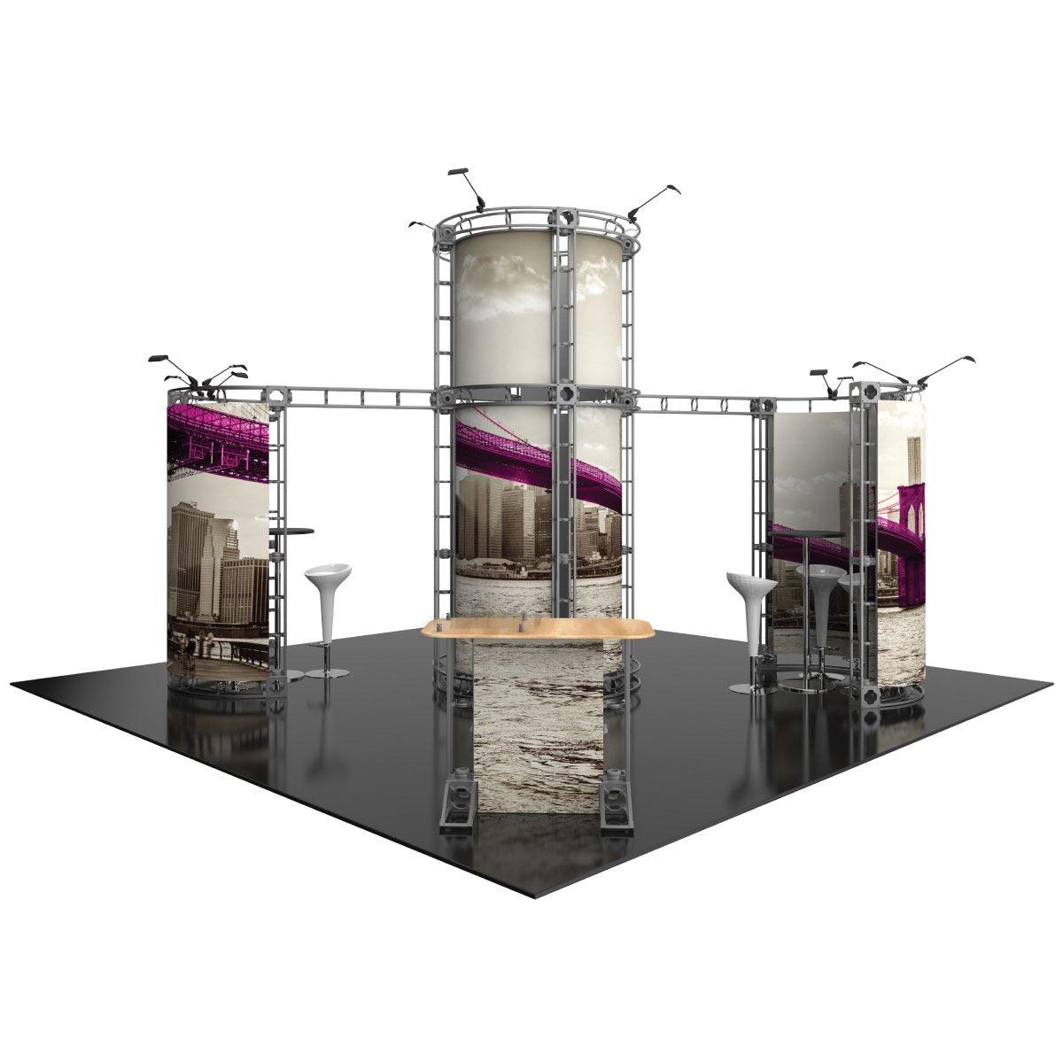 20ft island truss display booth with graphic panels and bar stools for trade shows and exhibitions