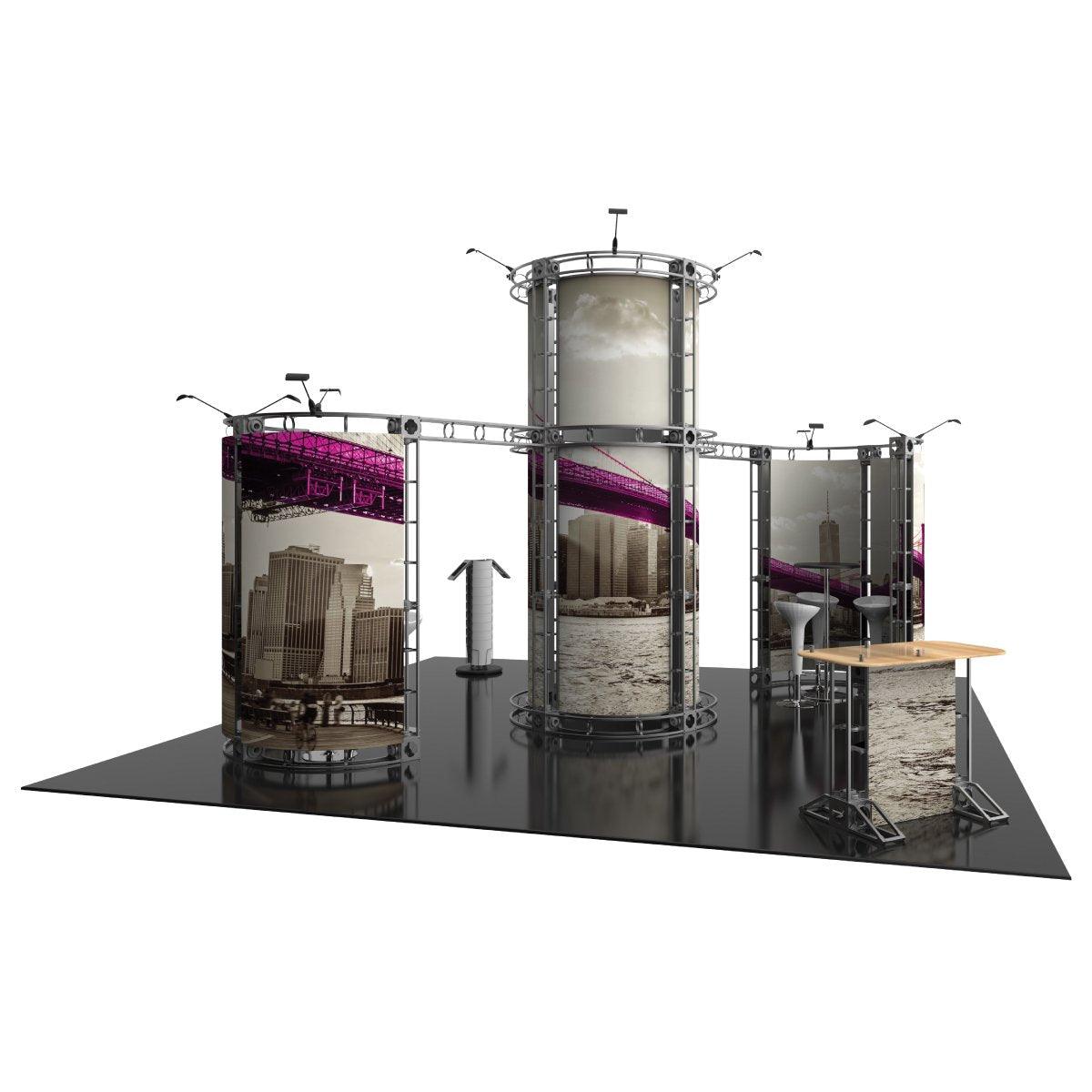 20ft island truss display booth with large graphic panels and counters for trade shows and exhibitions