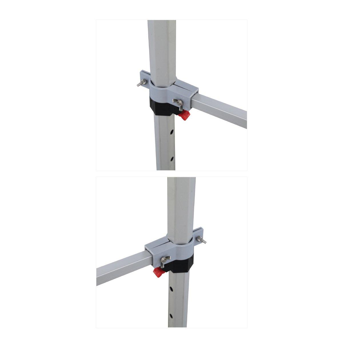 Close-up of metal connectors securing frame poles for trade show tent or exhibition display setup