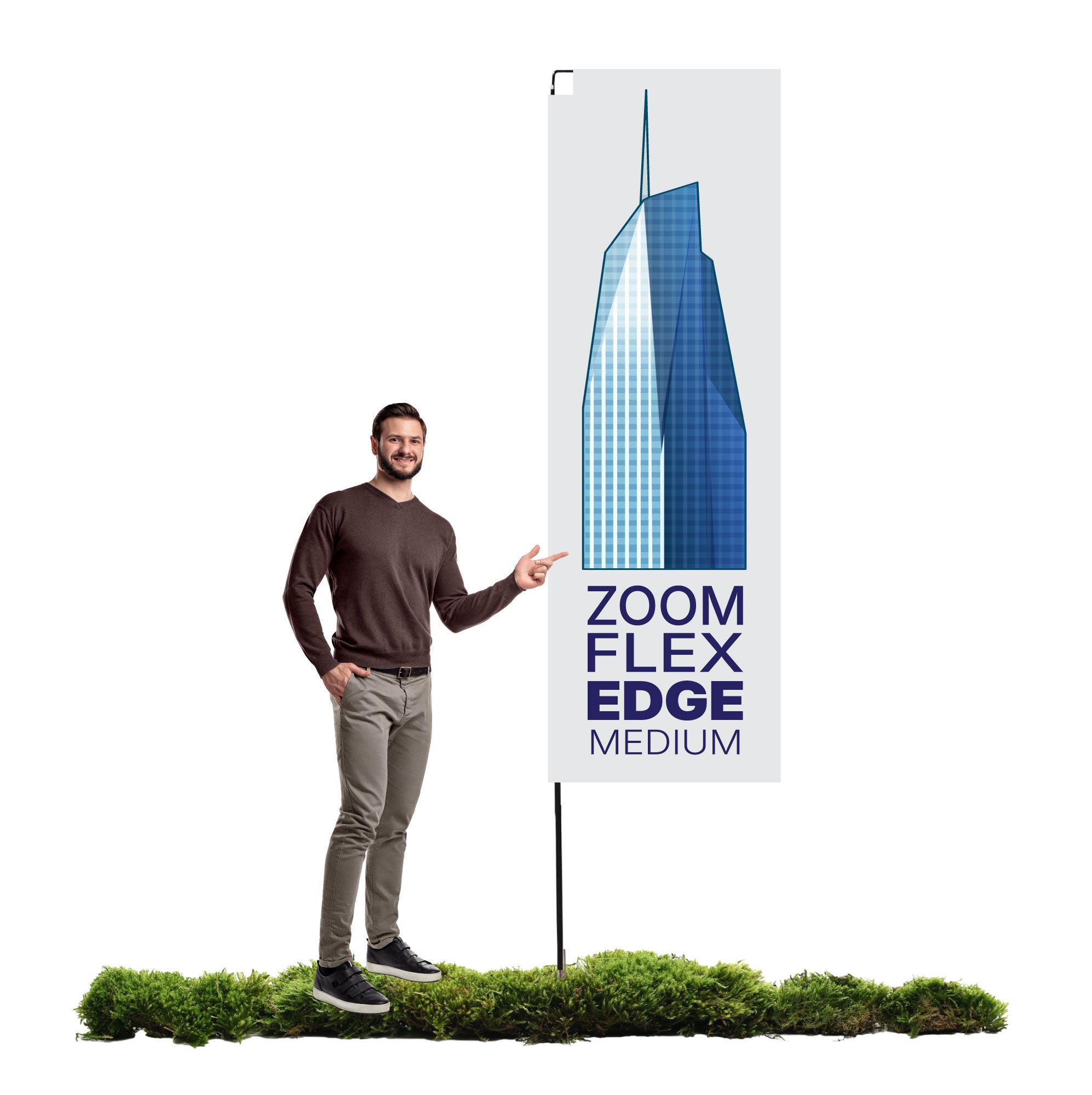Man standing next to medium-sized Zoom Flex Edge banner display, ideal for trade shows and exhibitions