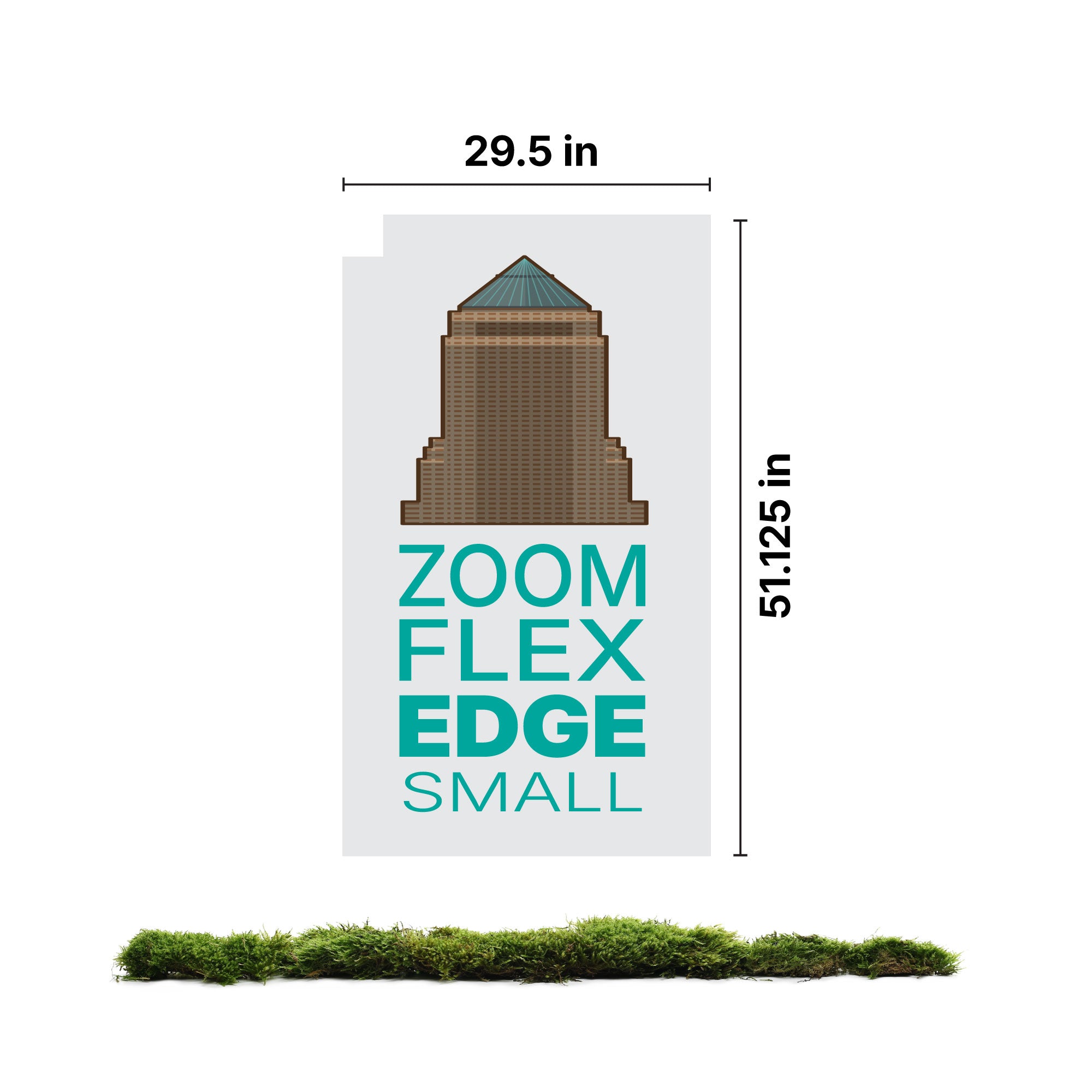 Zoom Flex Edge small trade show banner with building graphic and size dimensions for exhibitions