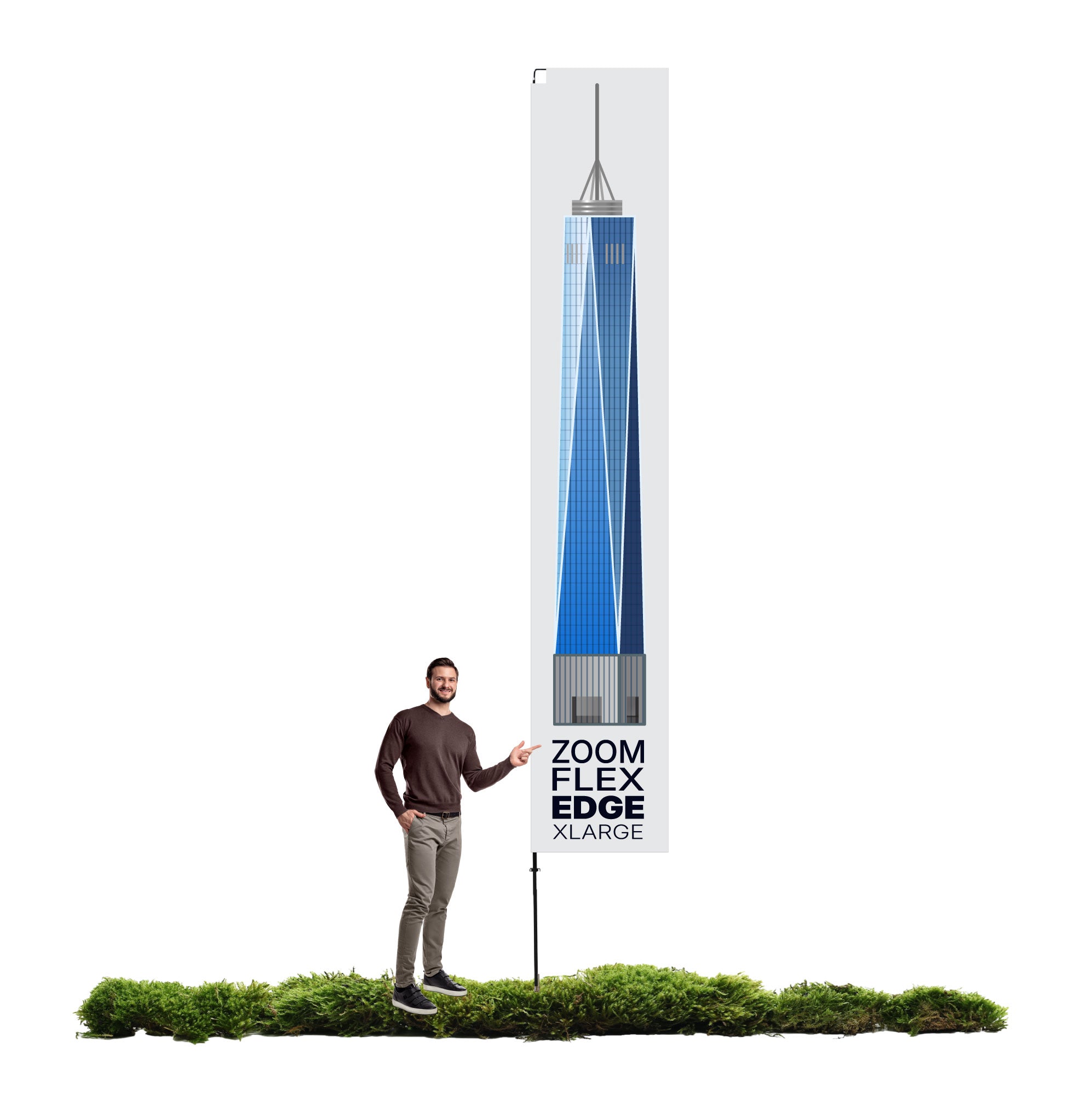 Man standing beside large vertical banner display featuring a tall building graphic for trade shows and exhibitions