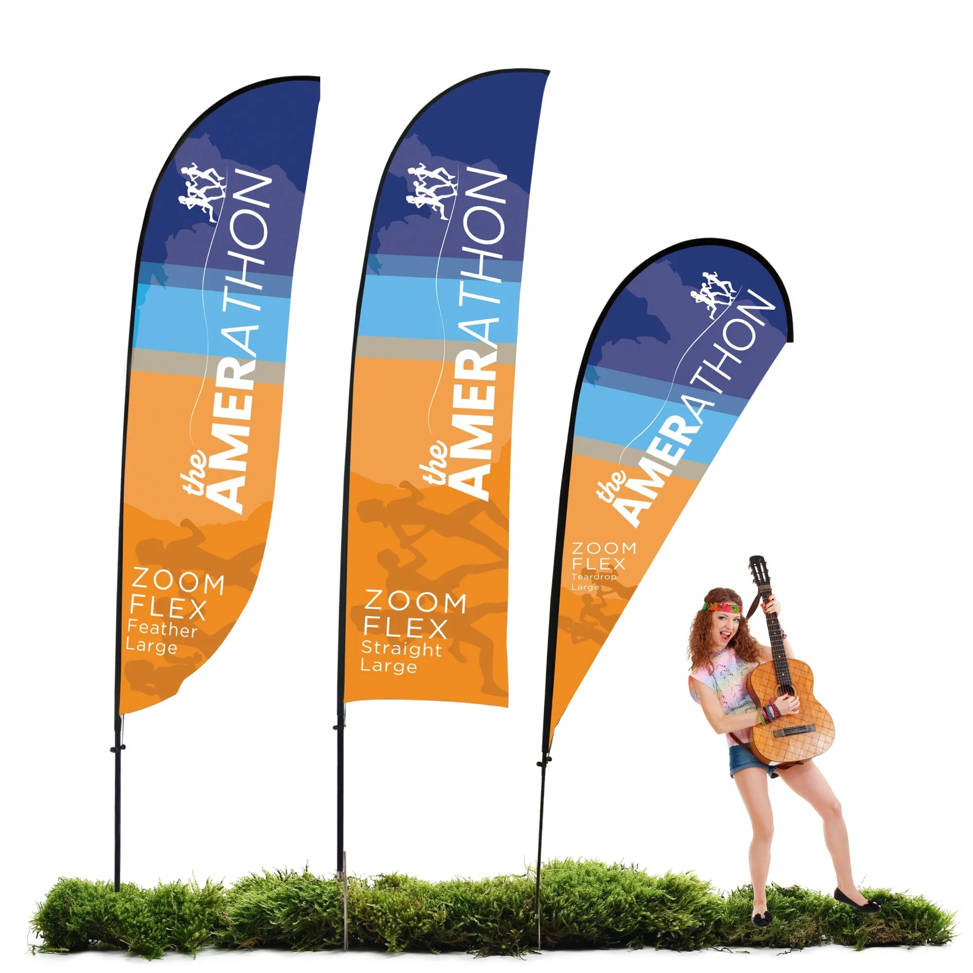 Three large trade show flags with racing graphics and text for exhibitions and special events, plus a woman with guitar