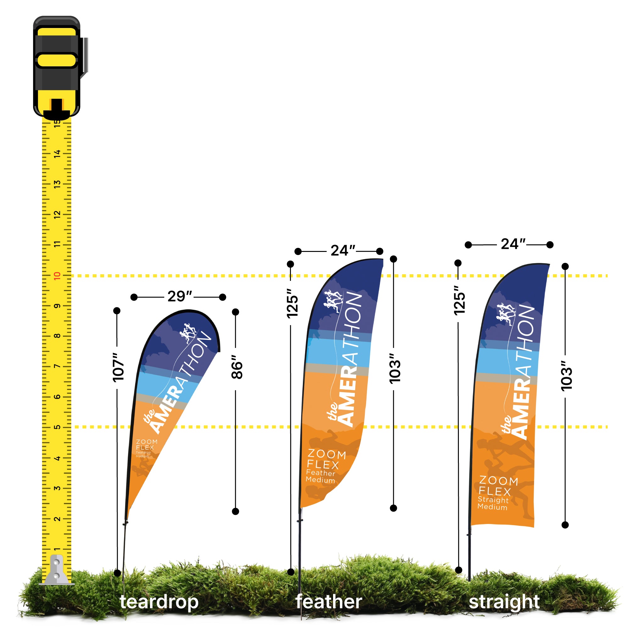 Three trade show flags with measurements labeled, designed for exhibitions and special event displays