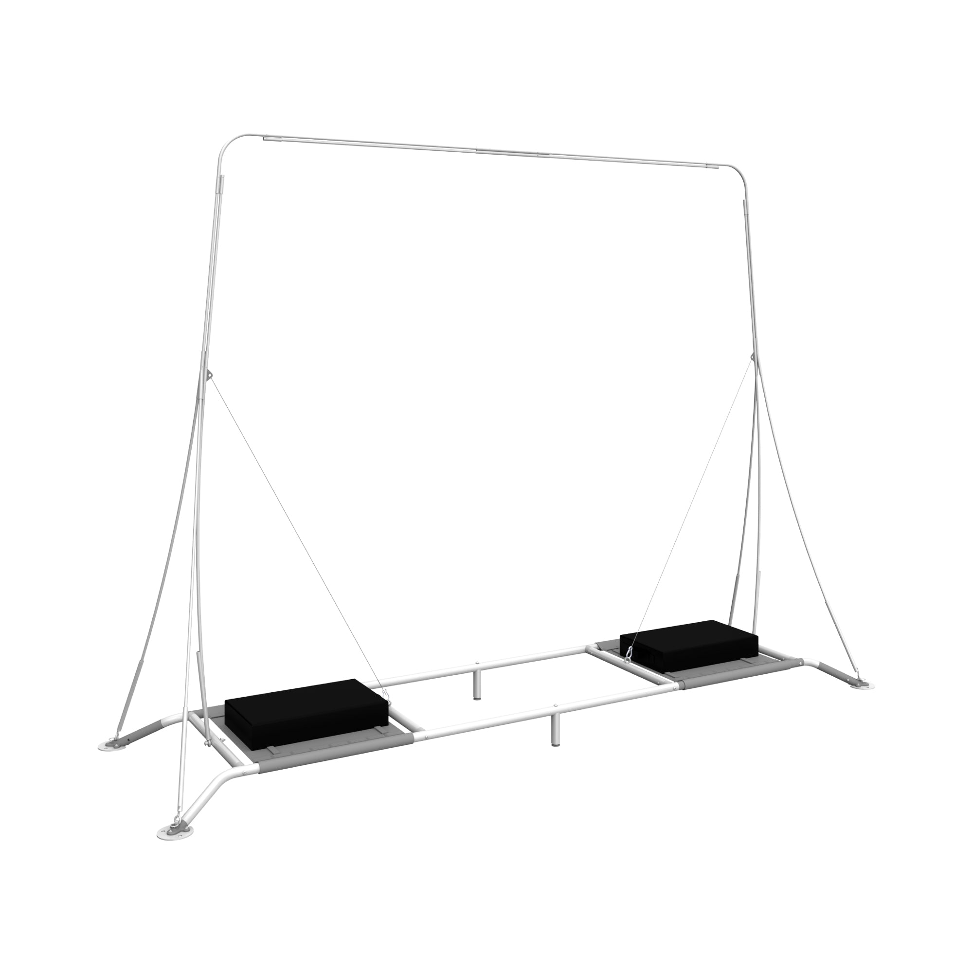 Large portable banner frame stand with tension cables and weighted base, ideal for trade shows and exhibitions
