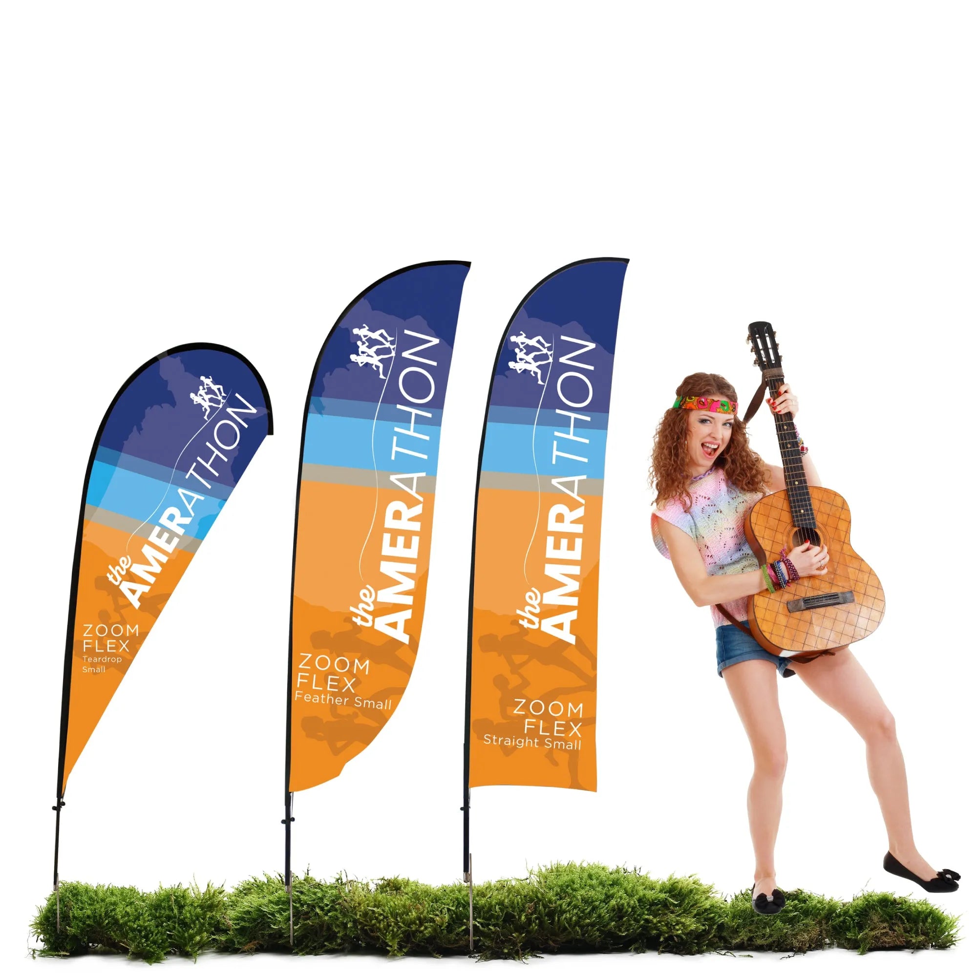 Trade show small zoom flex flags displayed on grass with a woman playing guitar at special event