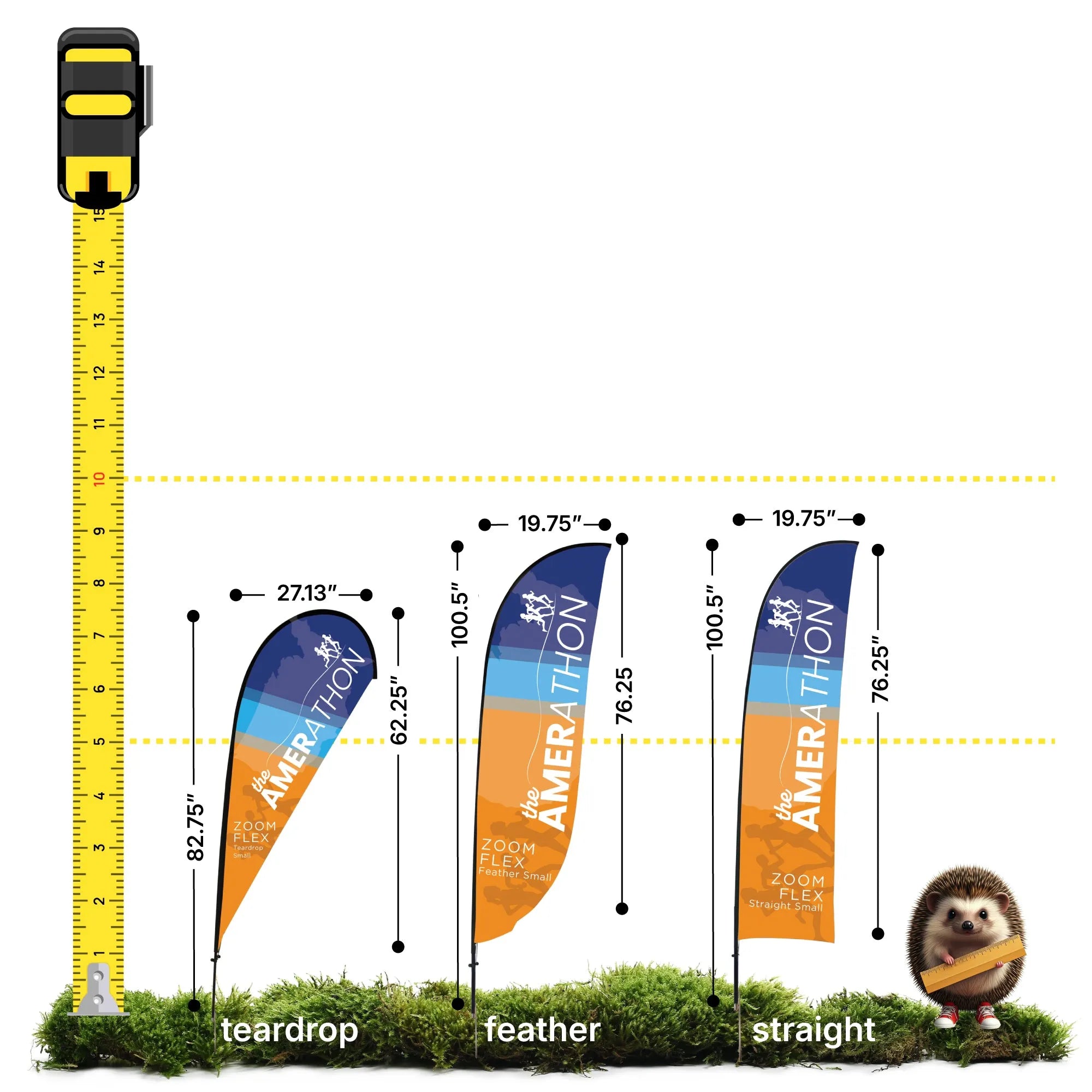 Three small promotional flags in teardrop, feather, and straight shapes with measurements, shown for trade shows and special events
