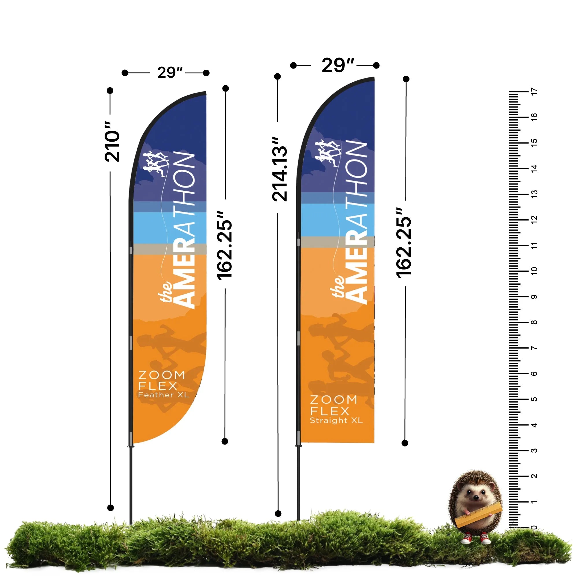 Two large Zoom Flex XL trade show flags with different shapes and height measurements for exhibitions and special events