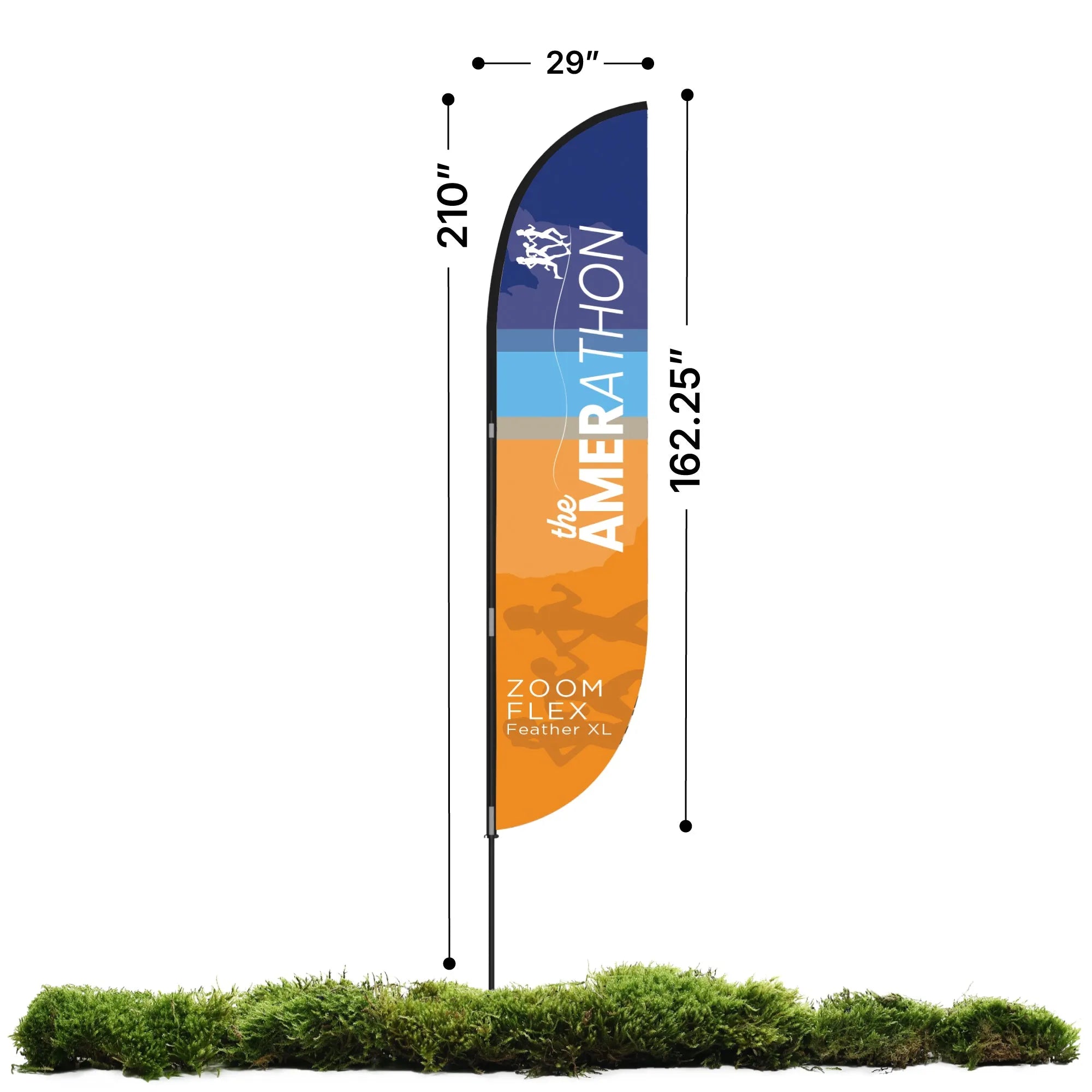 Zoom Flex Feather XL trade show flag with marathon event branding and size dimensions for exhibitions and events