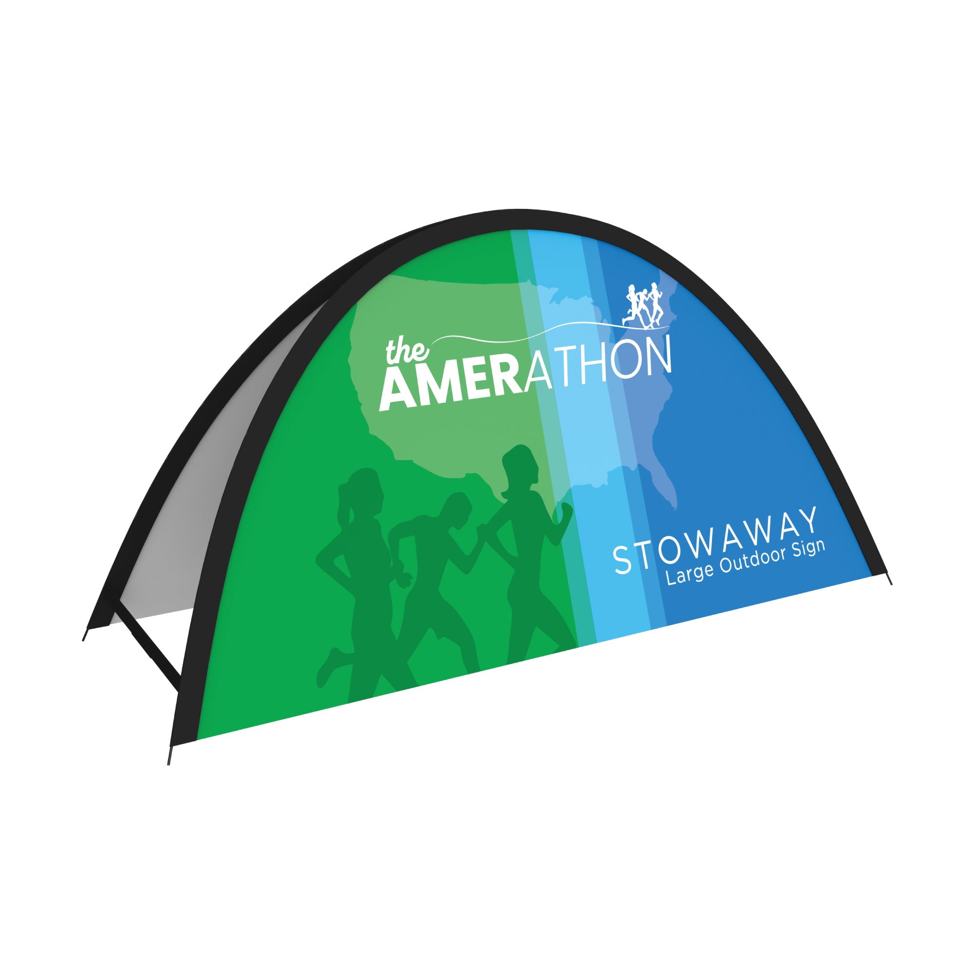 Large outdoor trade show sign featuring running silhouettes and Amerathon branding for exhibitions