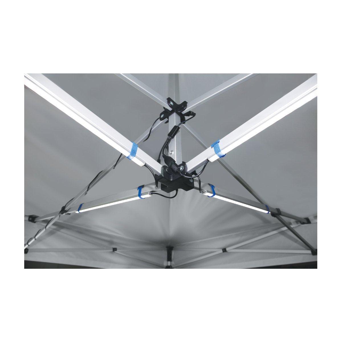 LED light kit installed on trade show canopy frame for exhibition and special event illumination