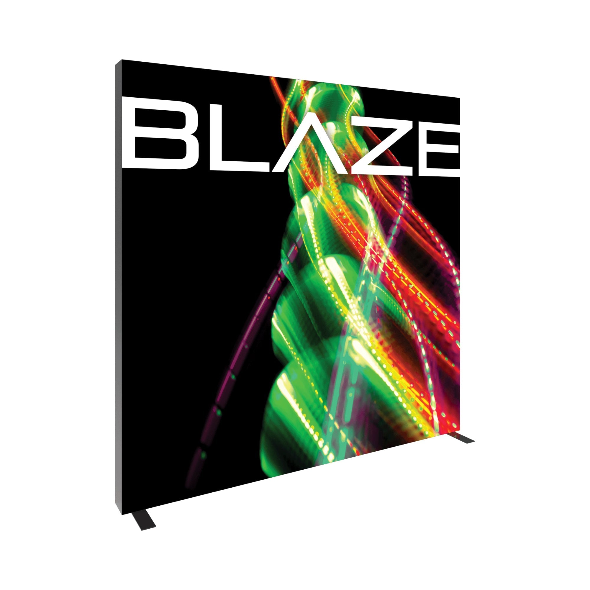 Trade show backlit fabric display with dynamic abstract light design and bold BLAZE branding