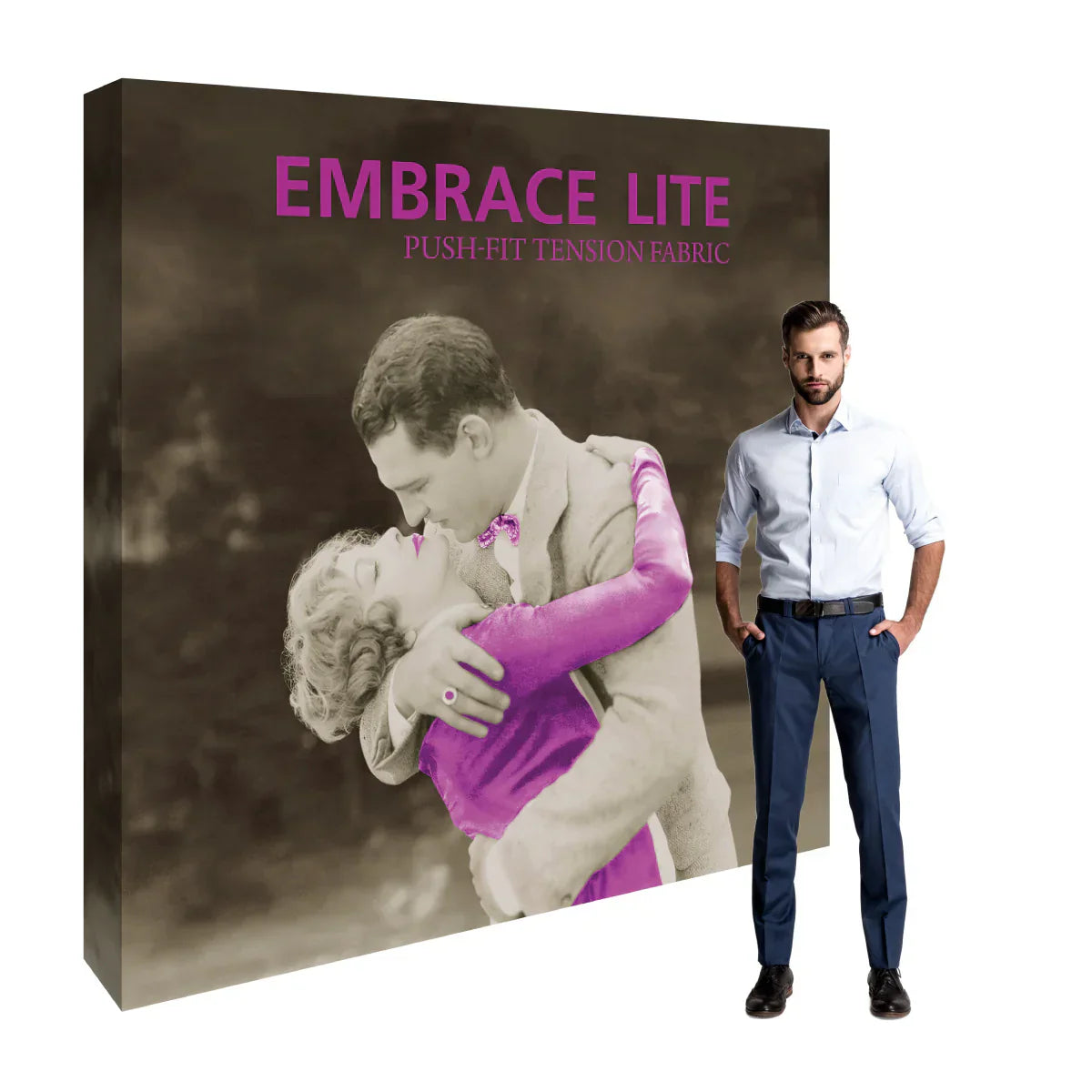 Large trade show display featuring vintage couple embrace image with push-fit tension fabric and model