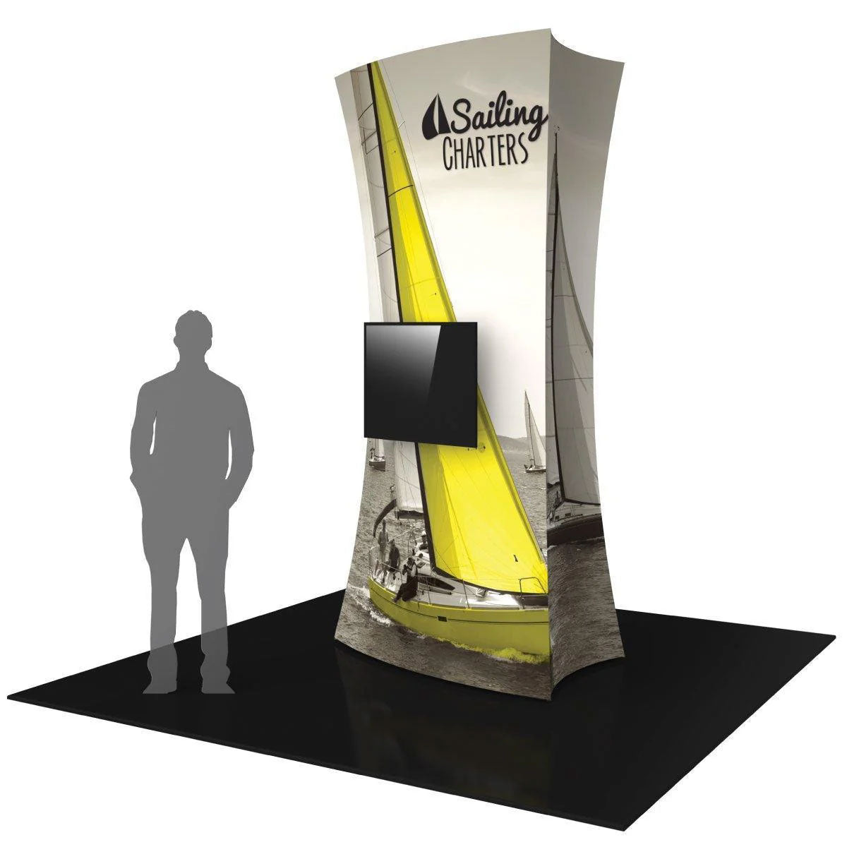 Curved trade show display with sailing charters branding and integrated monitor for exhibitions
