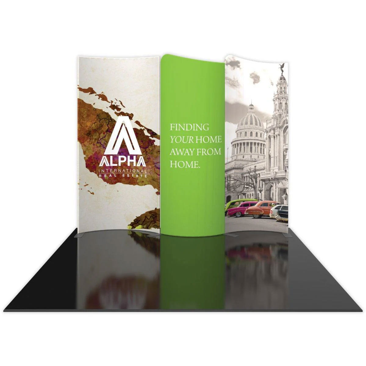 Curved trade show display panels featuring real estate branding and cityscape graphics for exhibitions and special events