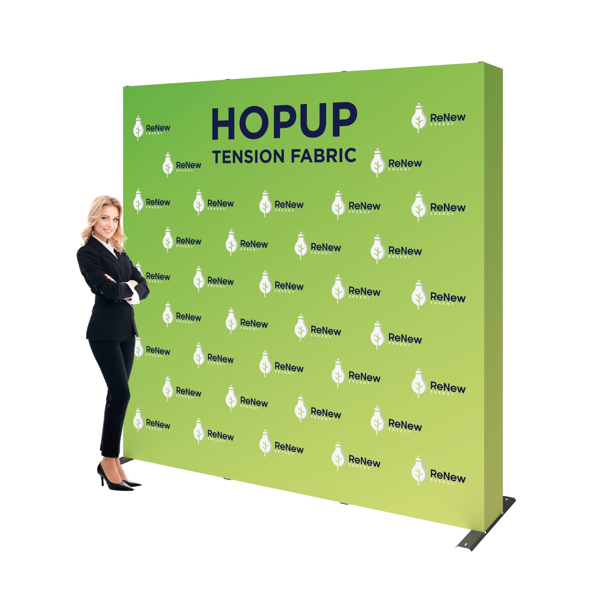 Trade show tension fabric backdrop display with ReNew Energy logos and businesswoman for exhibitions