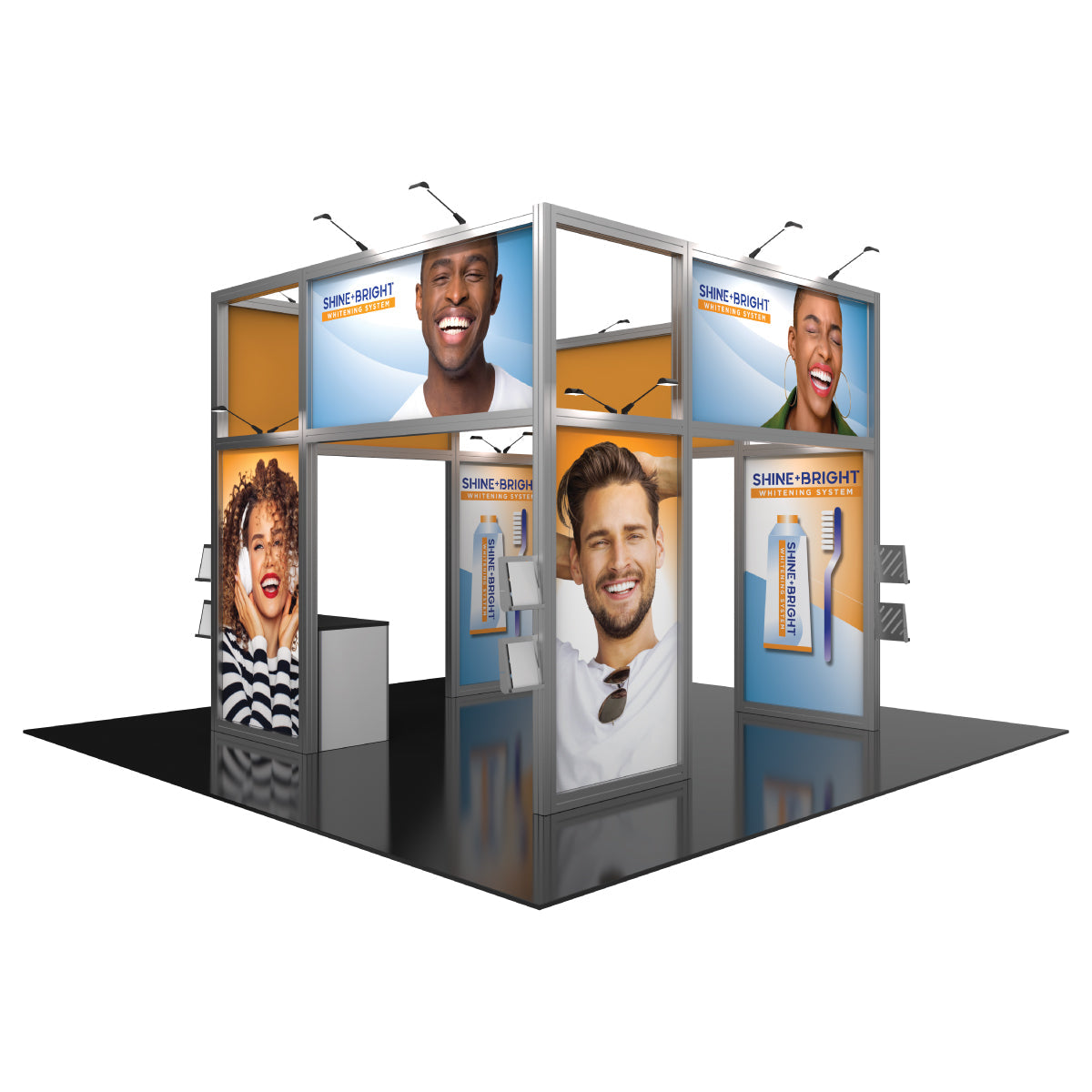 Trade show display with large images of smiling faces and dental whitening product branding