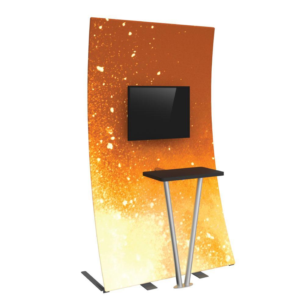 trade show kiosk display with curved backdrop, monitor mount, and counter for exhibitions and events