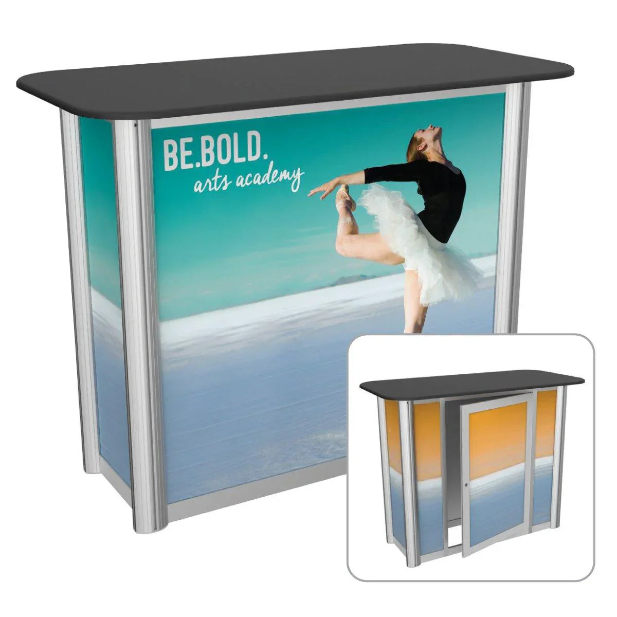Trade show counter with custom graphic panel featuring ballet dancer for exhibitions and special events