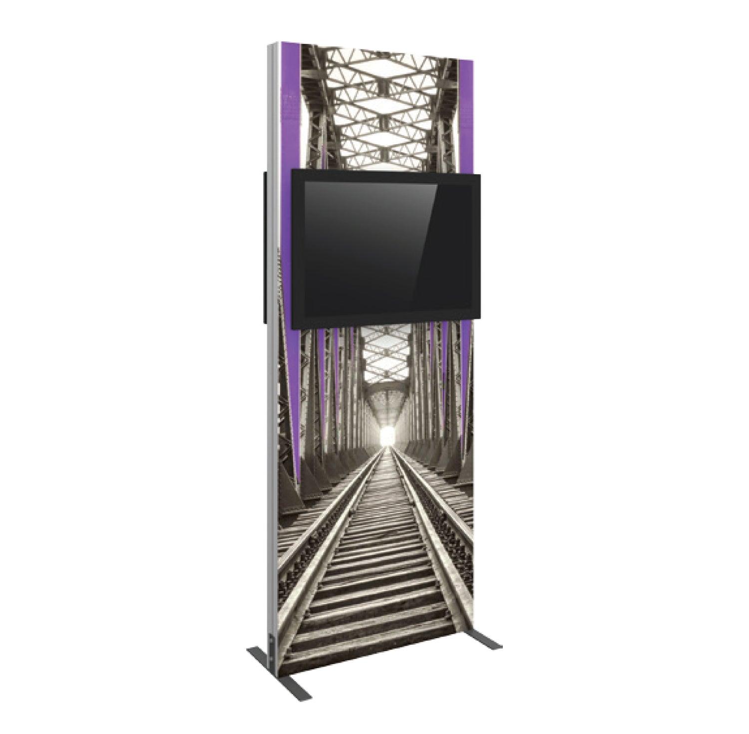 Modular kiosk with integrated screen featuring railway bridge graphic for trade shows and exhibitions