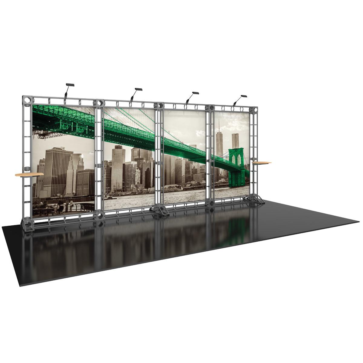 Modular truss display with large cityscape panels for trade shows and exhibitions