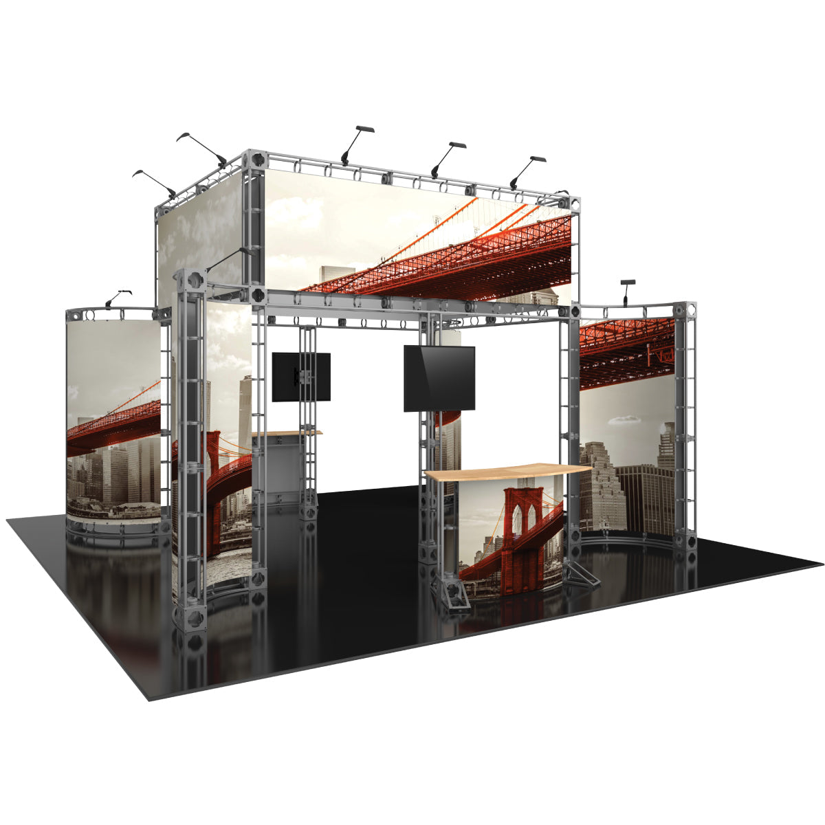 Modular orbital truss display with large graphics and monitors for trade shows and exhibitions