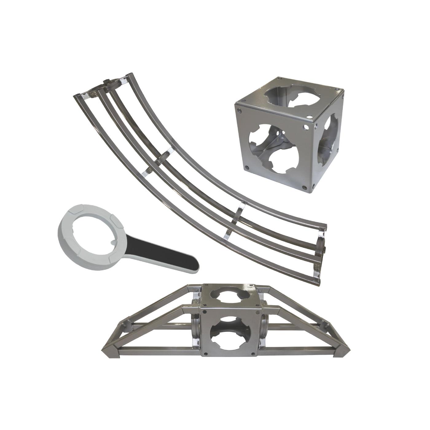 Metal truss components including curved section, cube connector, and angled frame parts for trade show displays