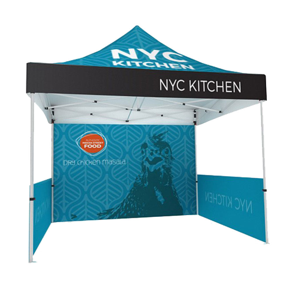 Trade show canopy tent booth with branded side and back walls for NYC Kitchen exhibition