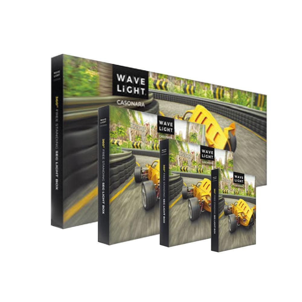 Trade show fabric displays in various sizes featuring racing car graphics for exhibitions and events