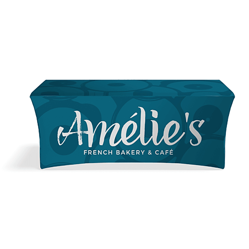 Custom printed table cover for trade shows and exhibitions featuring bakery branding