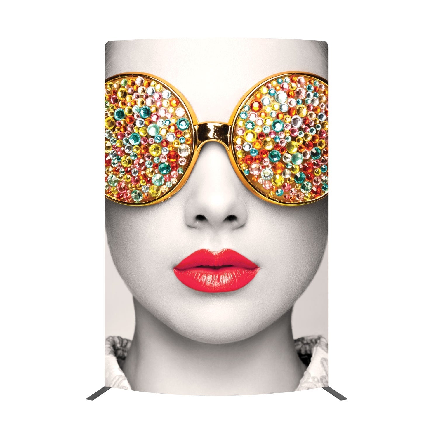 Curved fabric banner display featuring a close-up fashion portrait for trade shows and exhibitions