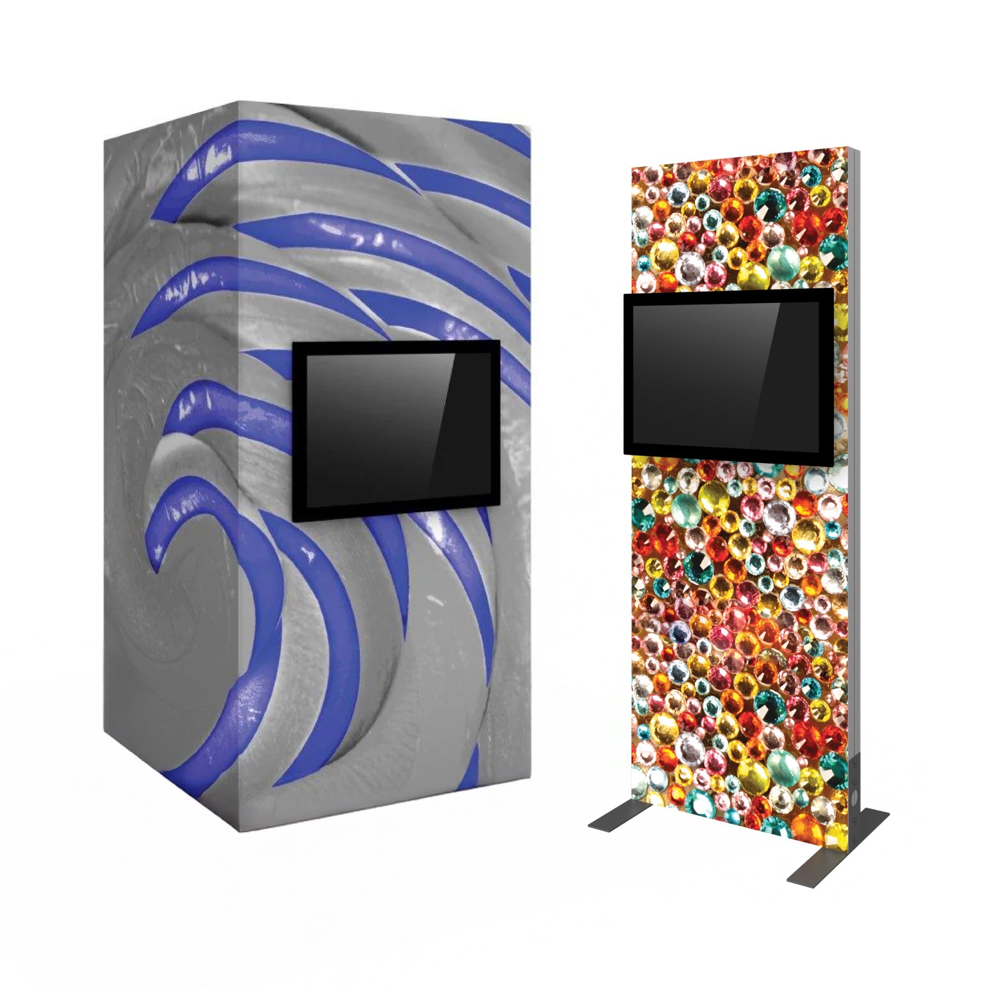 Trade show monitor towers with custom graphic wraps and mounted screens for exhibitions and events