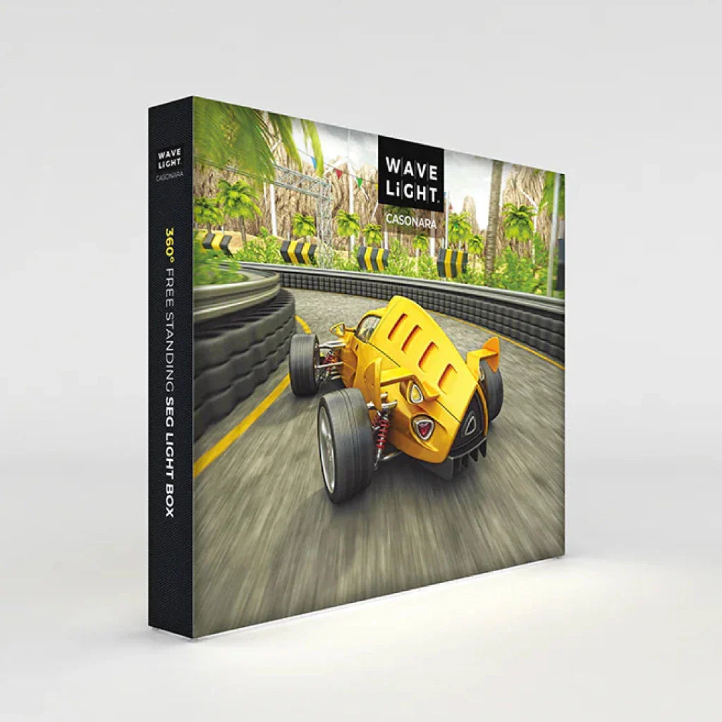 Freestanding 360° SEG light box with racing car graphic for trade show and exhibition displays