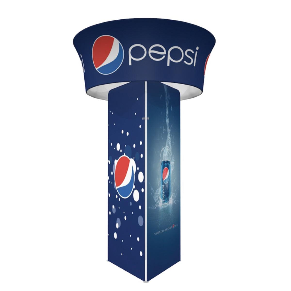 Tall branded trade show tower display with beverage logo and can image for exhibitions