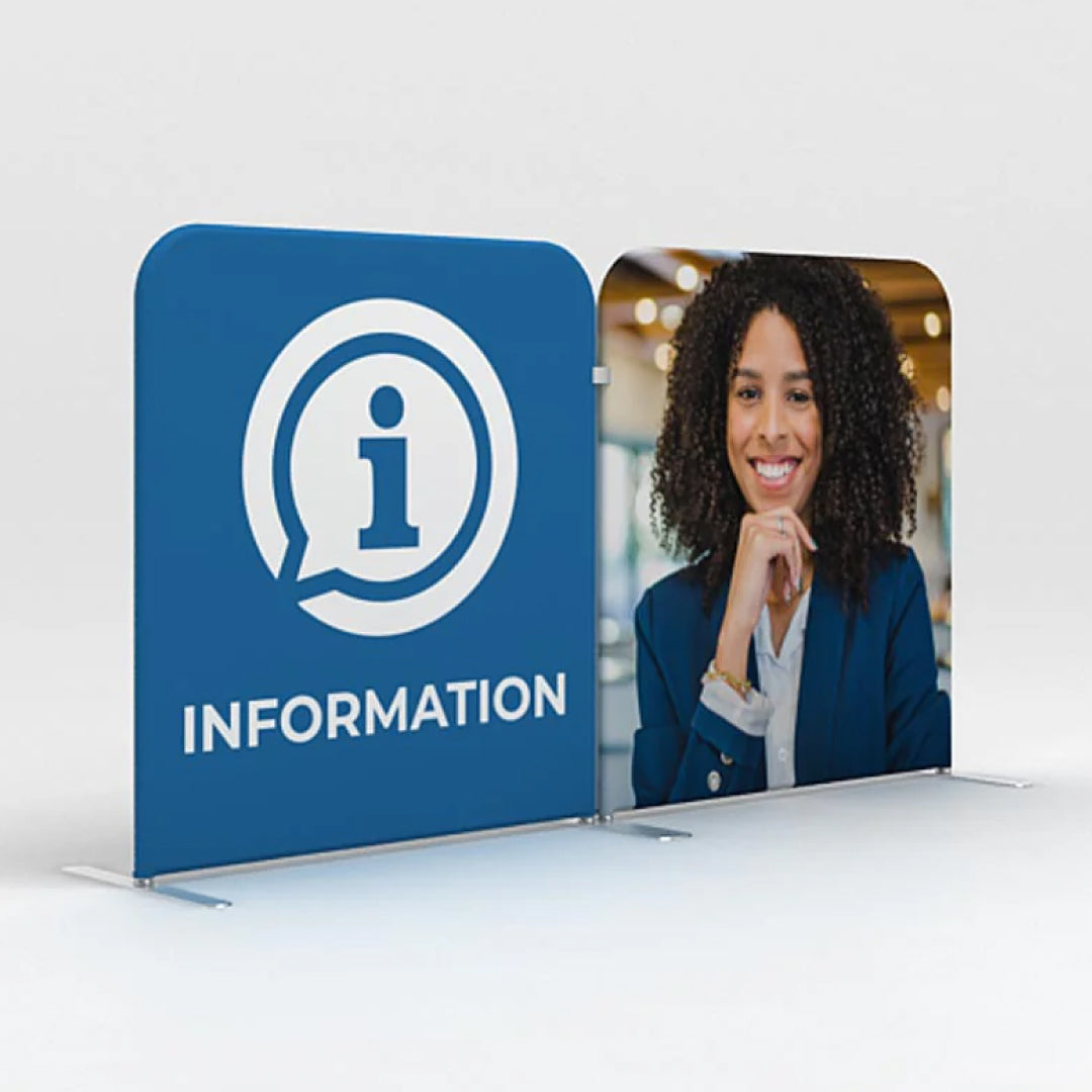Information display barrier with info icon and smiling woman image for trade shows and events