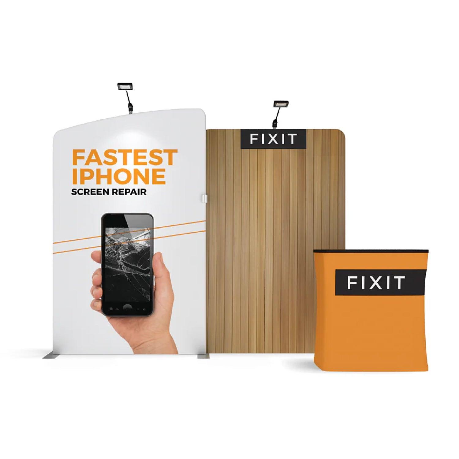 Trade show display booth showing fast iPhone screen repair service with branded counters and backdrop