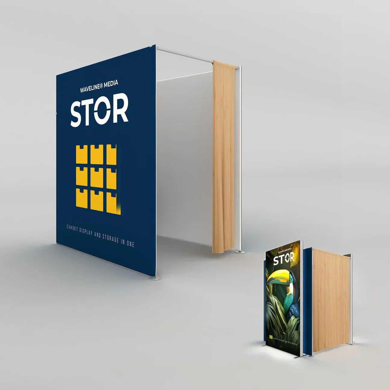 Modular trade show exhibit booth with integrated storage and graphic display panels for exhibitions and special events