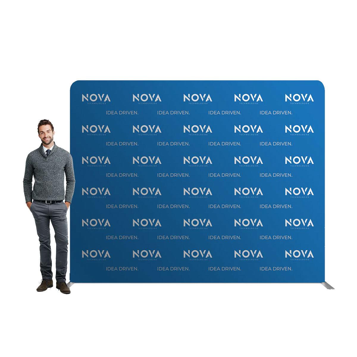 Large branded backdrop display with repeating company logos for trade shows and exhibitions