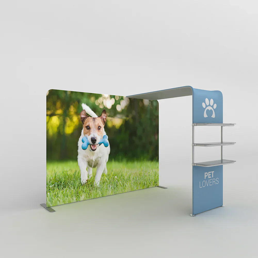 Trade show canopy display with large graphic of dog and shelves for pet lovers at events