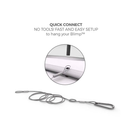 Quick connect cable with carabiner for fast, tool-free hanging of blimp displays at trade shows