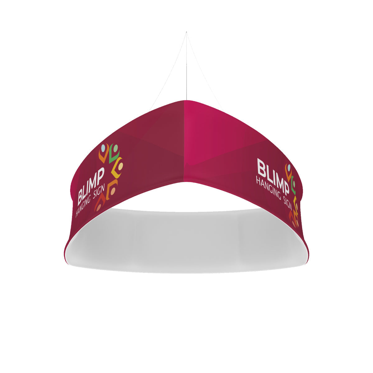 Curved hanging blimp sign suspended for trade shows, exhibitions, and special events branding
