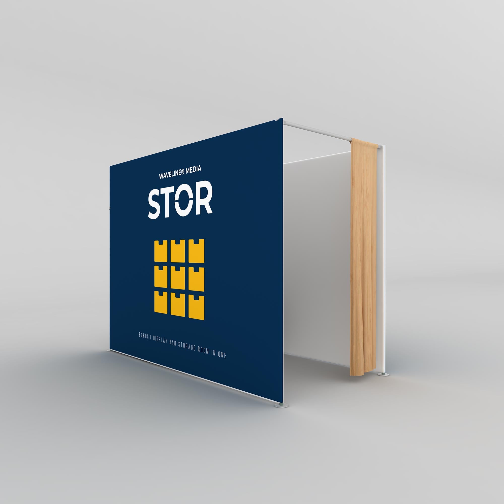 Modular exhibit display with integrated storage room and curtain for trade shows and exhibitions