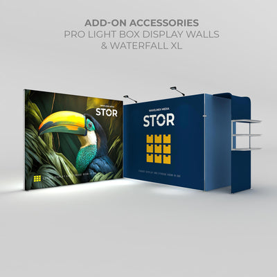 Trade show exhibit display with large light box graphic wall and storage room with shelving for event showcases