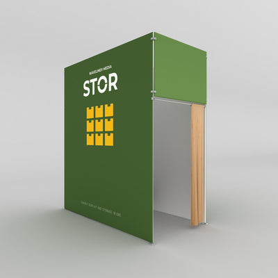 Trade show exhibit display and storage booth with fabric walls and wooden curtain entrance